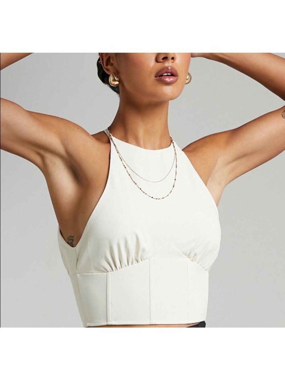 Showpo Women's Cream Mishka Halter Neck Coset-Style Crop Top Size 6